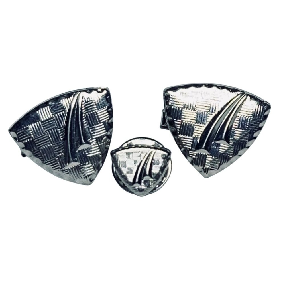 Vintage Textured Triangle Silver Tone Cufflinks And Tie Tack Set (6059)